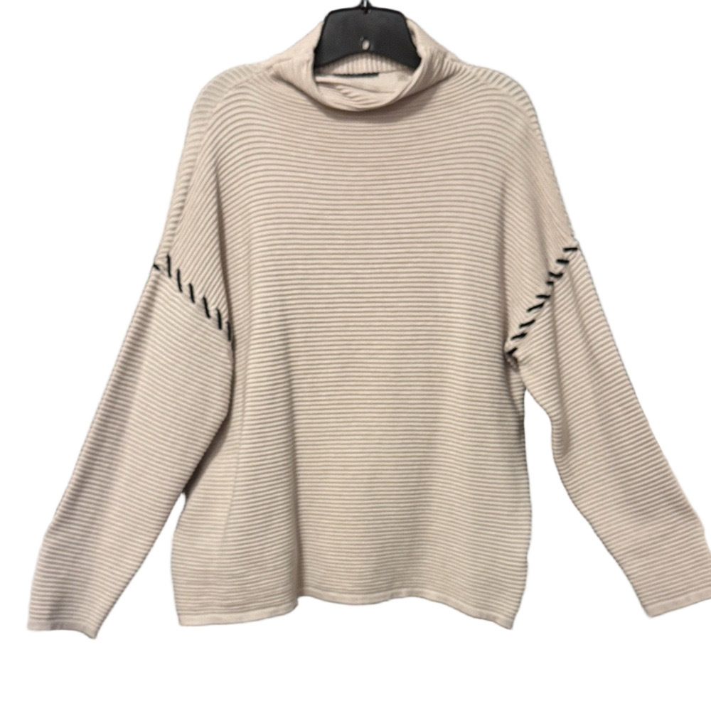 T Tahari Beige Ribbed Turtleneck Sweater with Black Stitching Accents Size L